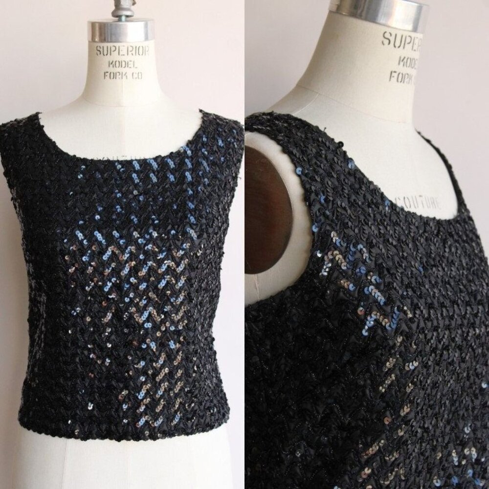 Vintage 1960s Top, Sequinned Sweater Vest Blouse, Beaded Shirt